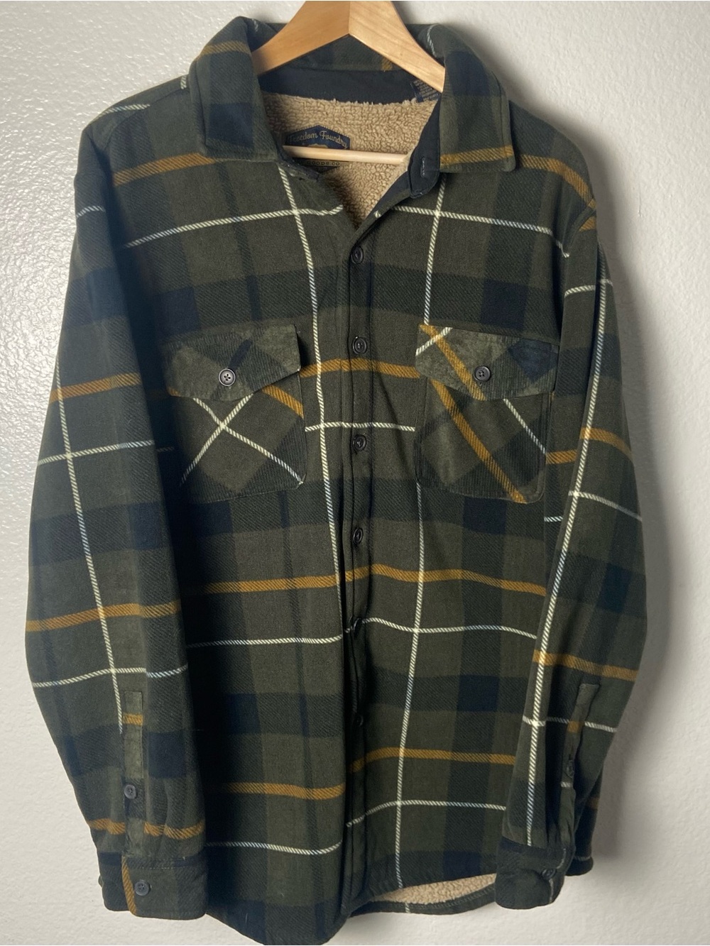Freedom Foundry’s Men's Olive Green Plaid Sherpa-Lined Shacket
